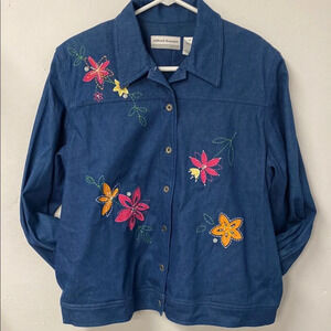 Alfred Dunner Petite Blue Floral Jacket‎ Embroidered Women's Jean Size 14P